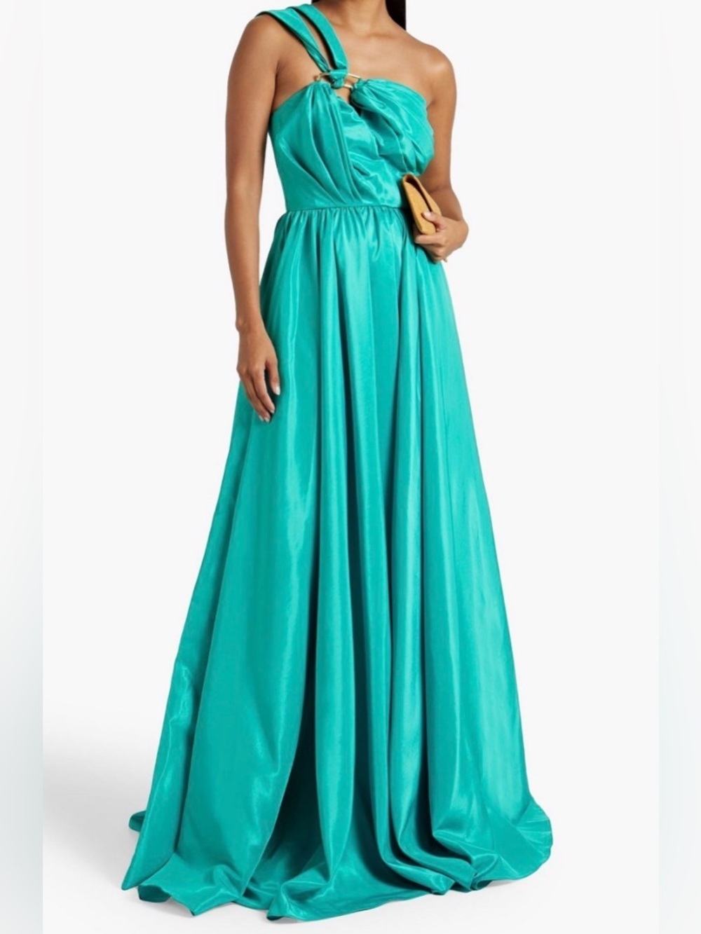 Rhea Costa Teal Strapless Satin Gown with Asymmetric Strap